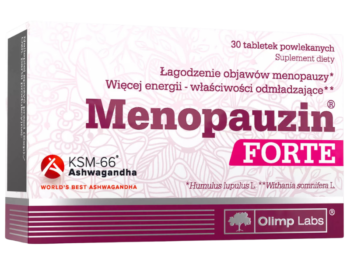 Zdjęcie przedstawia suplement diety Olimp Menopauzin Forte w tabletkach powlekanych.