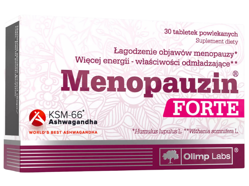 Zdjęcie przedstawia suplement diety Olimp Menopauzin Forte w tabletkach powlekanych.