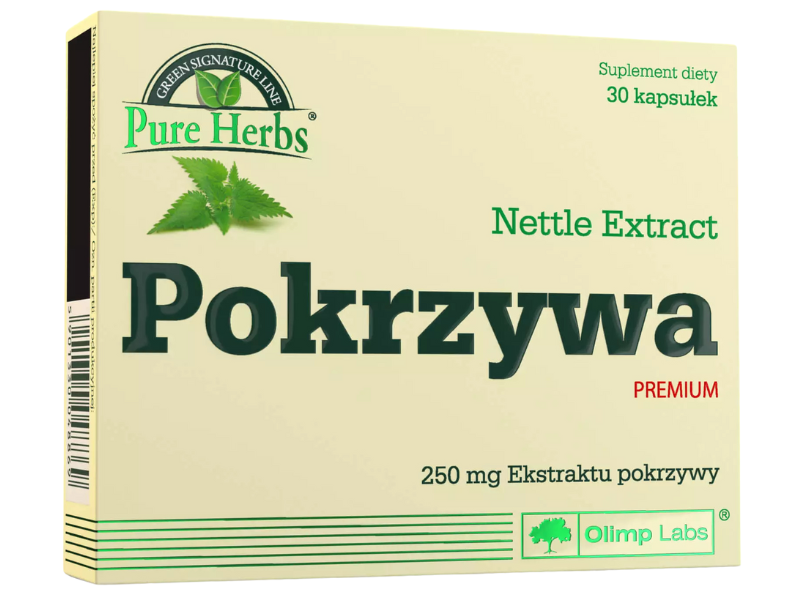 Zdjęcie przedstawia suplement diety Olimp Pokrzywa premium w kapsułkach.