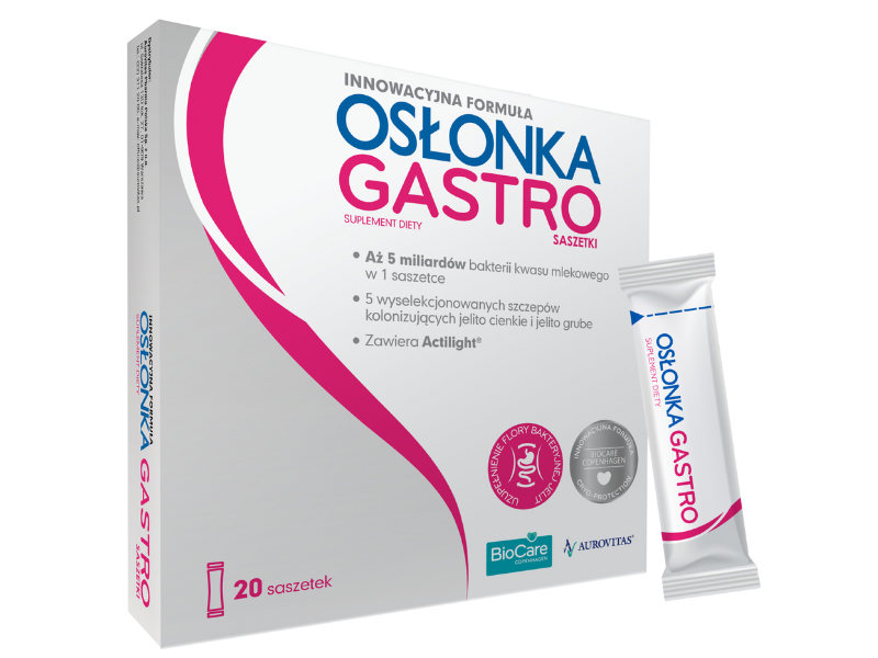Zdjęcie przedstawia suplement diety Osłonka Gastro, saszetki.