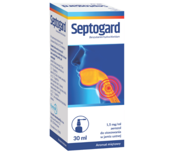 Zdjęcie przedstawia lek bez recepty Septogard, aerozol do jamy ustnej, 1,5 mg:ml.