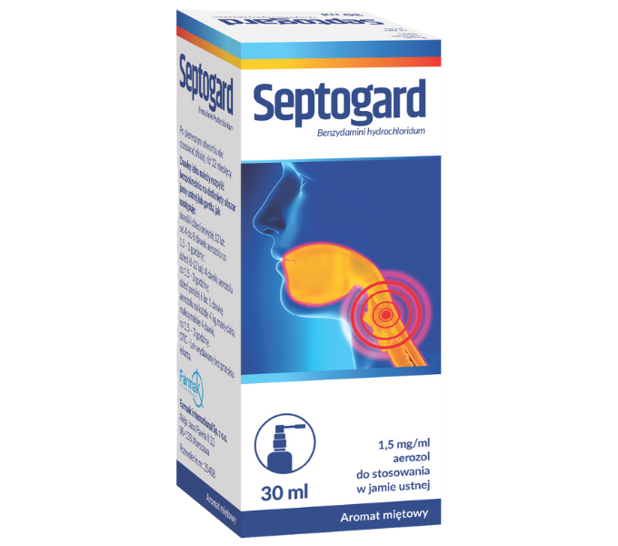 Zdjęcie przedstawia lek bez recepty Septogard, aerozol do jamy ustnej, 1,5 mg:ml.