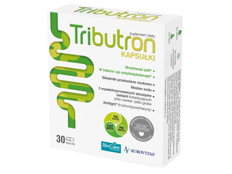 Zdjęcie przedstawia suplement diety Tributron, kapsułki.