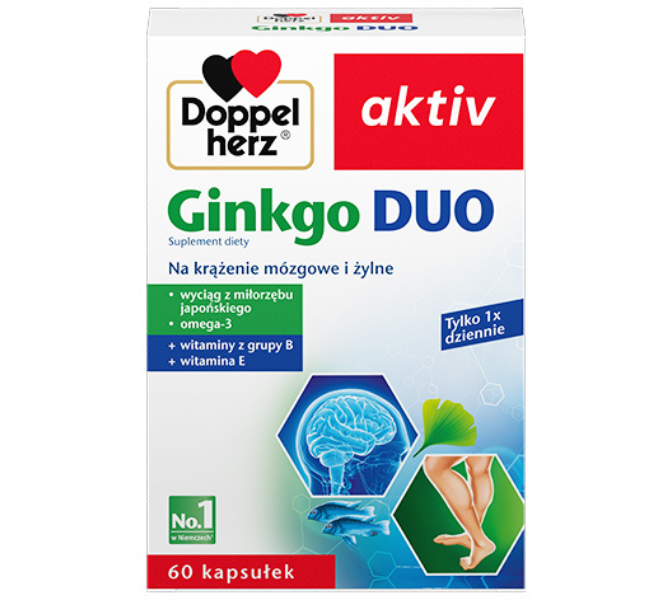 Zdjęcie przedstawia suplement diety Doppelherz aktiv Ginkgo DUO.