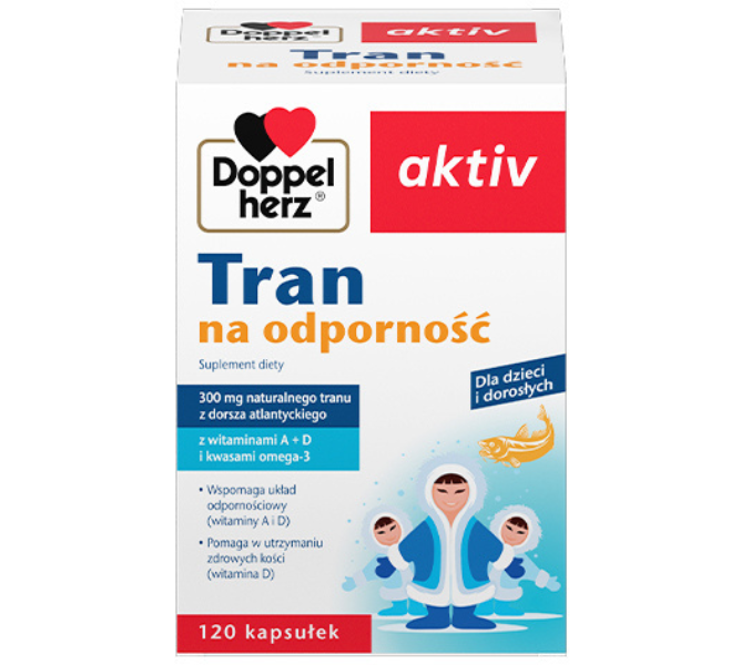 Zdjęcie przedstawia suplement diety Doppelherz aktiv Tran na odporność.