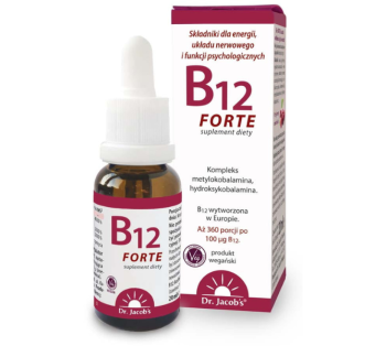 Zdjęcie przedstawia suplement diety Dr Jacob's B12 FORTE.