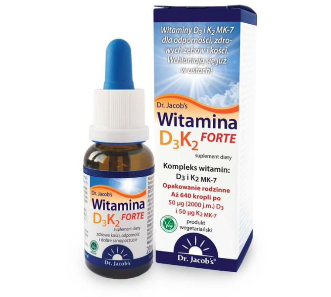 Zdjęcie przedstawia suplement diety Dr Jacob's Witamina D3K2 FORTE.