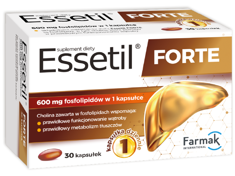 Zdjęcie przedstawia suplement diety Essetil Forte, kapsułki.