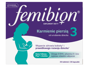 Zdjęcie przedstawia suplement diety Femibion 3 Karmienie piersią, tabletki powlekane+kapsułki miękkie.