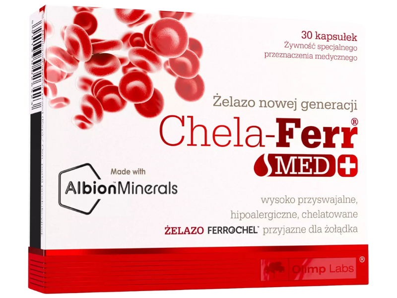 Zdjęcie przedstawia suplement diety Olimp Chela Ferr Med+ w kapsułkach.