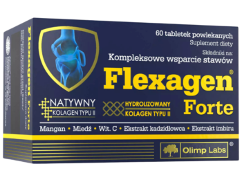 Zdjęcie przedstawia suplement diety Olimp Flexagen Forte w tabletkach powlekanych.