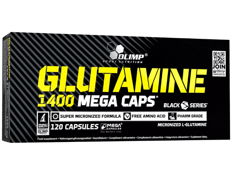 Zdjęcie przedstawia suplement diety Olimp Glutamine Mega Caps 1400 w kapsułkach.