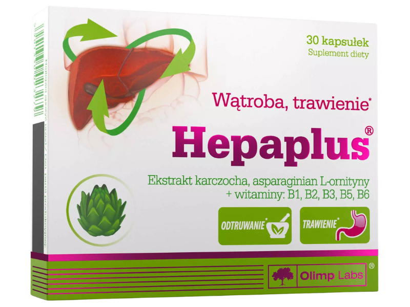 Zdjęcie przedstawia suplement diety Olimp Hepaplus w kapsułkach.