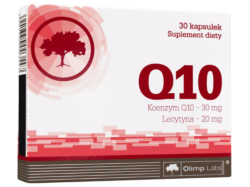 Zdjęcie przedstawia suplement diety Olimp Koenzym Q10 w kapsułkach.