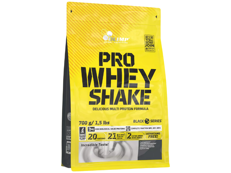 Zdjęcie przedstawia suplement diety Olimp Pro Whey shake w proszku.
