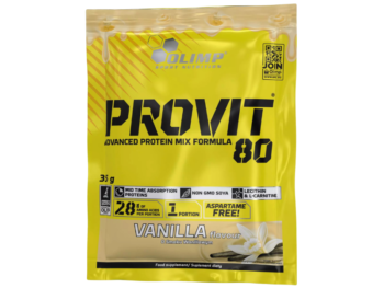 Zdjęcie przedstawia suplement diety Olimp Provit 80 w proszku o smaku waniliowym.