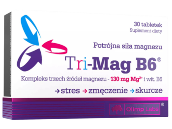 Zdjęcie przedstawia suplement diety Olimp Tri-Mag B6 w tabletkach.