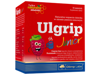Zdjęcie przedstawia suplement diety Olimp Ulgrip Junior w saszetkach.