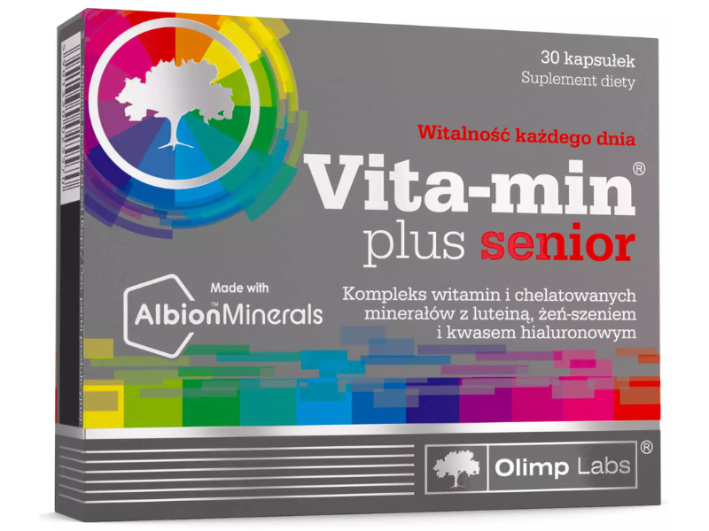 Zdjęcie przedstawia suplement diety Olimp Vita-Min Plus Senior w kapsułkach.