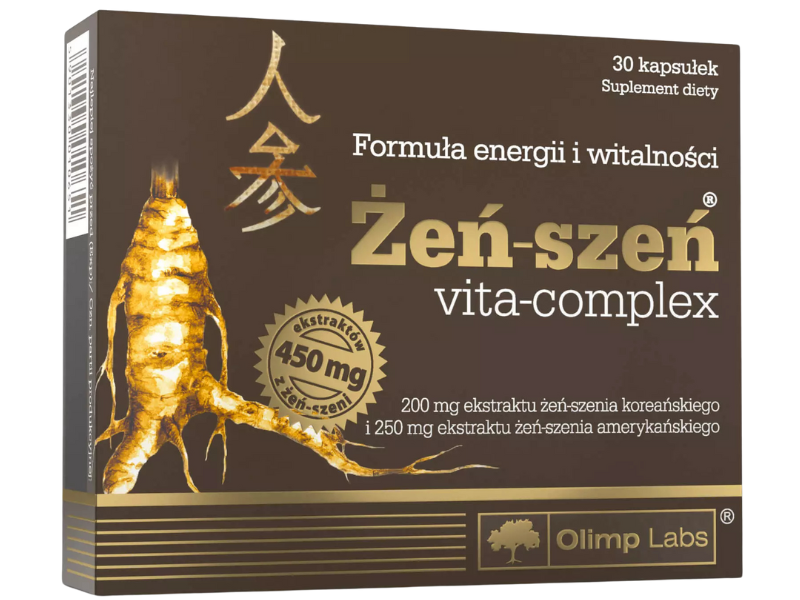 Zdjęcie przedstawia suplement diety Olimp Żeń-Szeń Vita Complex w tabletkach.