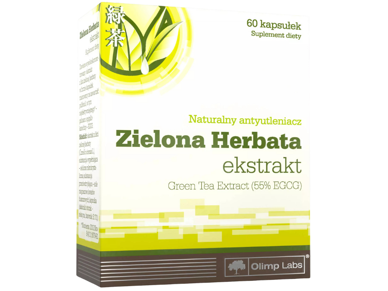 Zdjęcie przedstawia suplement diety Olimp Zielona Herbata Ekstrakt w kapsułkach.