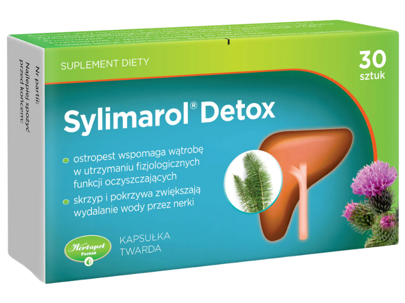 Zdjęcie przedstawia suplement diety Sylimarol Detox, kapsułki.