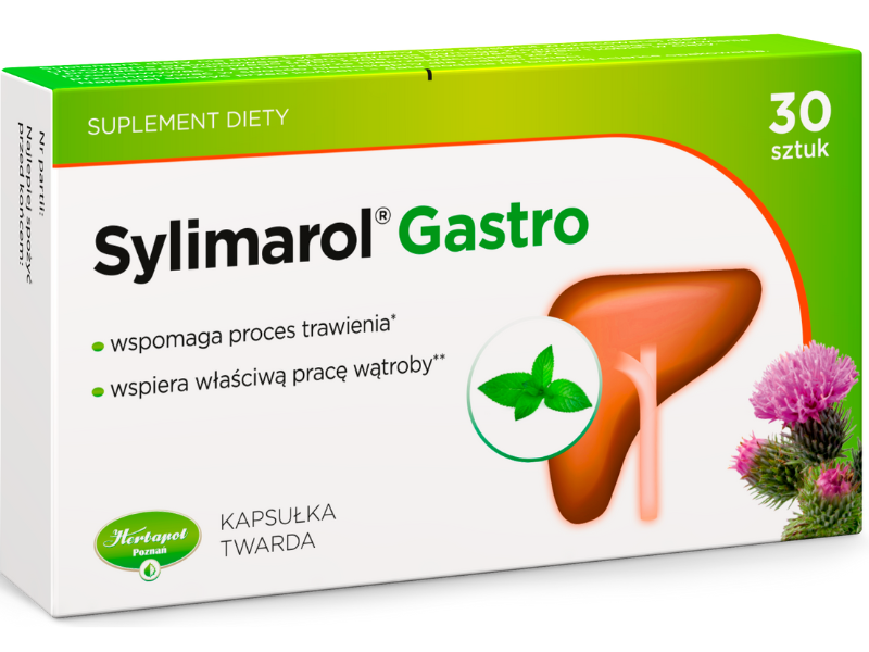 Zdjęcie przedstawia suplement diety Sylimarol Gastro.