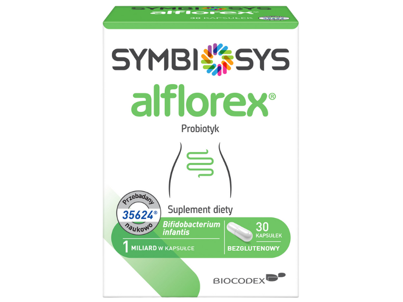 Zdjęcie przedstawia suplement diety Symbiosys Alflorex, kapsułki.