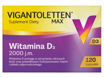 Zdjęcie przedstawia suplement diety Vigantoletten Max, kaspułki, 2000 j.m.
