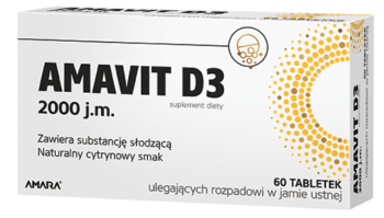 Zdjęcie przedstawia AMAVIT D3 2000 j.m., tabletki ulegające rozpadowi w jamie ustnej.