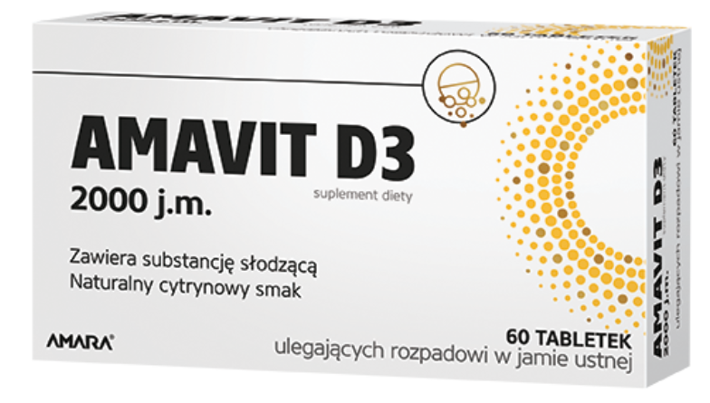 Zdjęcie przedstawia AMAVIT D3 2000 j.m., tabletki ulegające rozpadowi w jamie ustnej.