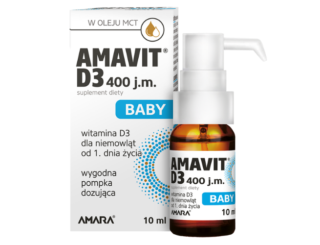 Zdjęcie przedstawia AMAVIT D3 Baby 400 j.m., krople.