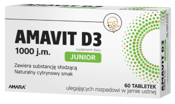 Zdjęcie przedstawia AMAVIT D3 Junior 1000 j.m., tabletki ulegające rozpadowi w jamie ustnej.