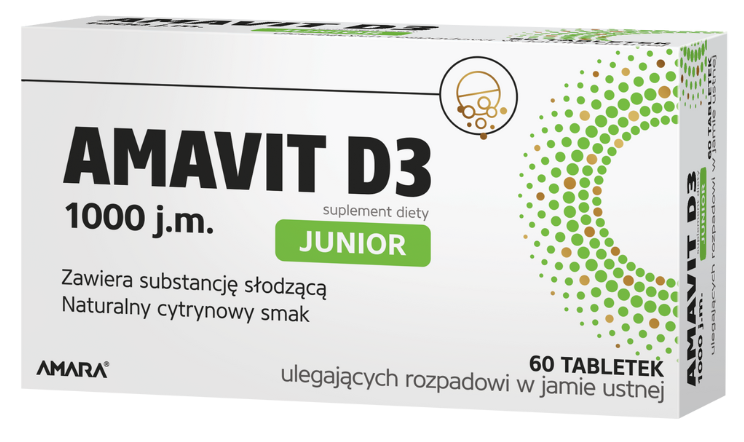 Zdjęcie przedstawia AMAVIT D3 Junior 1000 j.m., tabletki ulegające rozpadowi w jamie ustnej.