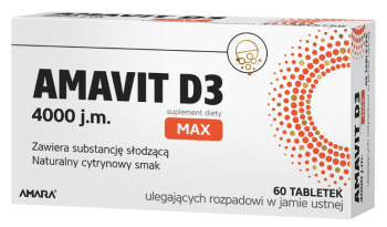 Zdjęcie przedstawia AMAVIT D3 MAX 4000 j.m., tabletki ulegające rozpadowi w jamie ustnej.
