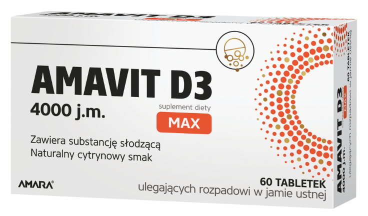Zdjęcie przedstawia AMAVIT D3 MAX 4000 j.m., tabletki ulegające rozpadowi w jamie ustnej.