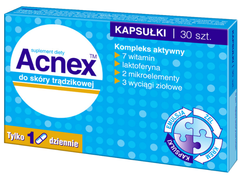 Zdjęcie przedstawia suplement diety Acnex kapsułki.
