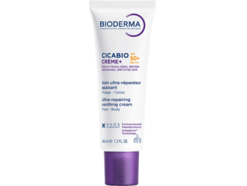 Zdjęcie przedstawia dermokosmetyk Bioderma Cicabio Creme+ krem łagodząco-odbudowujący SPF50+.