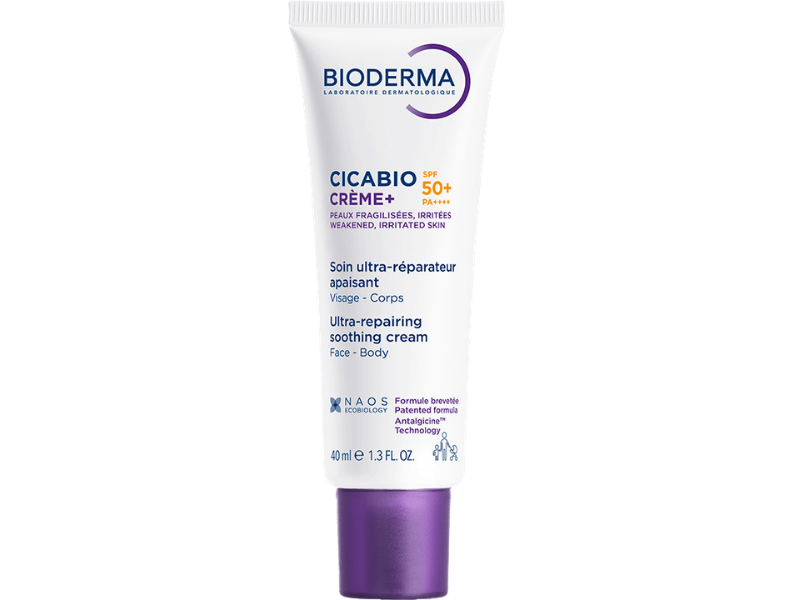 Zdjęcie przedstawia dermokosmetyk Bioderma Cicabio Creme+ krem łagodząco-odbudowujący SPF50+.