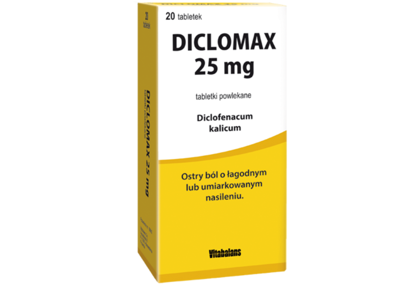 Zdjęcie przedstawia preparat Diclomax, tabletki, 25 mg.