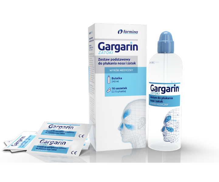 Zdjęcie przedstawia wyrób medyczny Gargarin Zatoki, zestaw do płukania nosa i zatok.