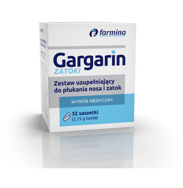 Zdjęcie przedstawia wyrób medyczny Gargarin Zatoki, zestaw uzupełniający do płukania nosa i zatok.