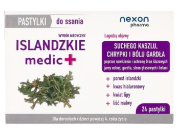 Zdjęcie przedstawia wyrób medyczny Islandzkie Medic +, pastylki do ssania.