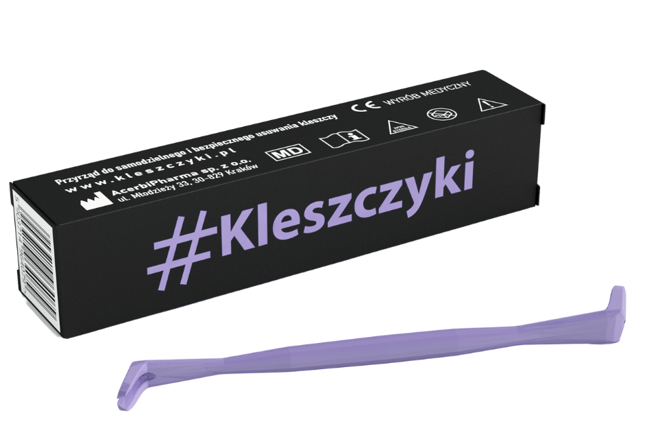 Zdjęcie przedstawia produkt Kleszczyki, przyrząd do samodzielnego i bezpiecznego usuwania kleszczy.