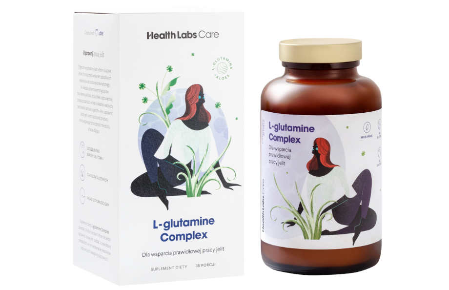 Zdjęcie przedstawia produkt L-glutamine Complex, proszek do rozpuszczania.