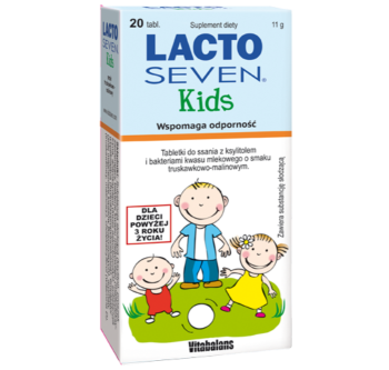 Zdjęcie przedstawia produkt Lacto Seven Kids, tabletki do żucia.