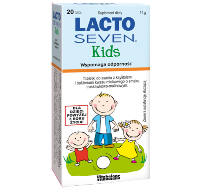 Zdjęcie przedstawia produkt Lacto Seven Kids, tabletki do żucia.