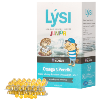 Zdjęcie przedstawia produkt Lýsi Junior Omega 3 perełki, kapsułki do żucia.