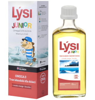Zdjęcie przedstawia produkt Lýsi Junior Tran mango-limonka, płyn doustny.