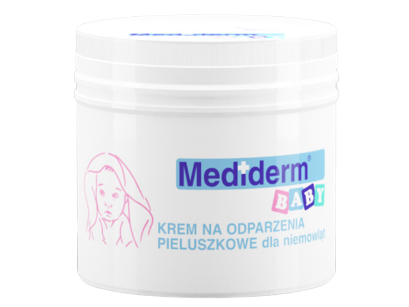 Zdjęcie przedstawia wyrób medyczny Mediderm Baby krem na odparzenia pieluszkowe.